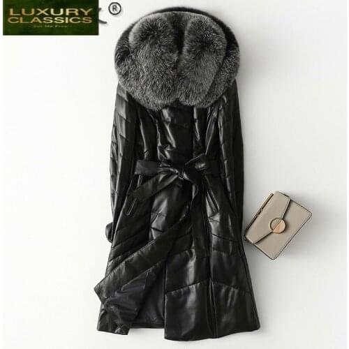 High Quality Real Leather Down Jacket Women Sheepskin Coat Hooded Fox Fur Collar Coats Long Korean style Clothes 2021 70