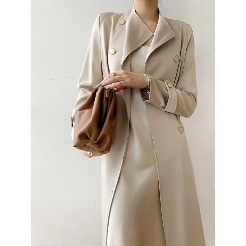 Office Ladies Solid Slim Long Trench Coat 2021 Spring New Double breasted Fashion Windbreaker for Women Outwear