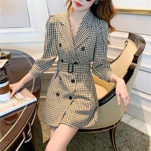 Plaid Puff Sleeve Belt Dress Double-Breasted Suit Jacket Vintage Elegant 2021 Temperament Fall Winter Female Waist Dresse