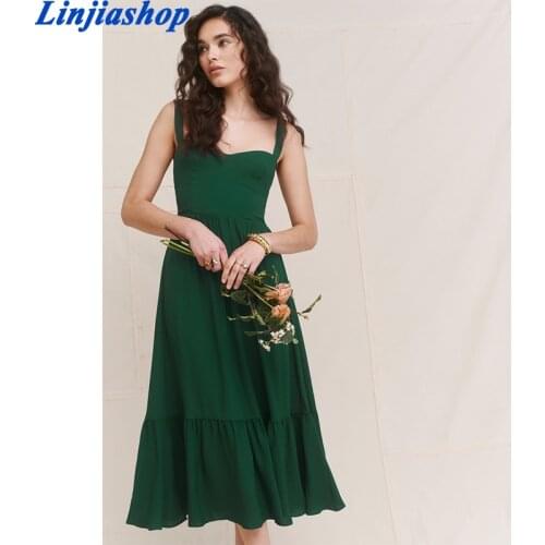 Elegant Adjust Spaghetti straps vestido Vintage Chiffon Ruffles women Midi dress Retro Back Zipper women dress