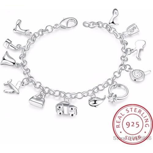 Pretty Bracelets 925 Sterling Silver AAA Zircon Crystal Bracelets 12 Pendants Charms Bangles For Woman New Fine Jewelry