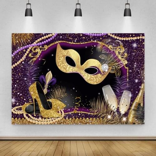 Gold Mask High Heels Champagne Masquerade Ball Background Holiday Party Decoration Photography Studio 3D Digital Backdrop Cloth
