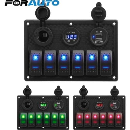 Digital Voltage Display 6 Gang Rocker Switch Panel Waterproof 4.2A Dual USB Slot Socket With Fuse