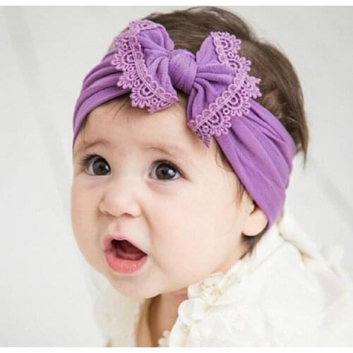Baby headbands Infant toddler baby girl headbands Lace Trim Nylon Bow Headwrap One size fits all nylon head warp Top Knot HB036D