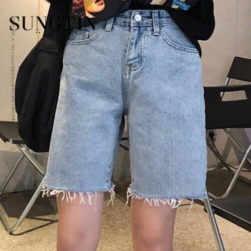 Sungtin High Waist Wide Leg Knee Length Jeans Women Casual Loose Denim Retro Cowboy Pants Straight Shorts Korean Chic 2021 New