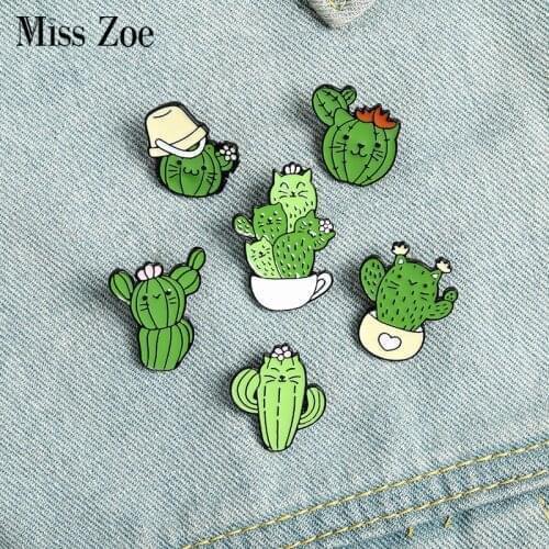 Cactus Cat Enamel Pin Custom Kitten Face Cactus Coffee Brooches Shirt Lapel Bag Funny Animal Plant Badge Jewelry Gift for Kids