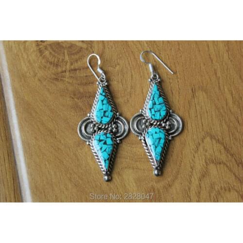ER152 Nepalese India Jewelry Copper Green Stone Leaf Drop Earrings Natural Stone Leaf Long Women Earrings