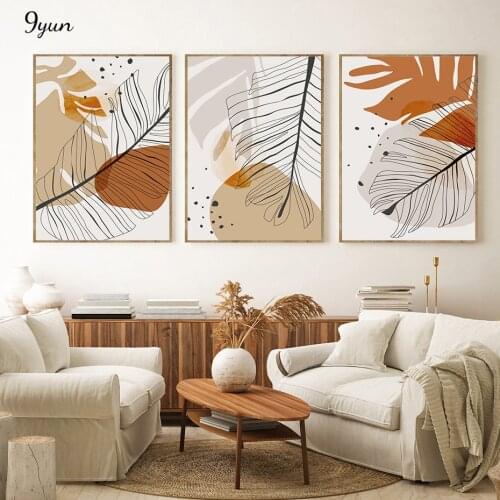 Golden Foliage Line Art Drawing Poster Watercolor Botanical Wall Art Print Canvas Painting Interior Living Room Decoration