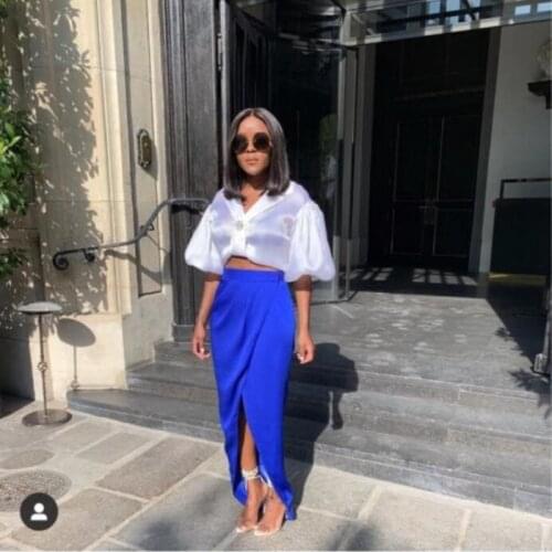Fashion Royal Blue Satin Floor Length Skirts Women Zipper Waistline Slit African Long Skirts Custom Made Any Color