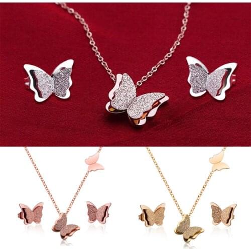 Rose Gold Stainless Steel Jewelrys Sets Romantic Matte Butterfly Necklaces Earrings Animal Choker Wedding Bridal Accessories