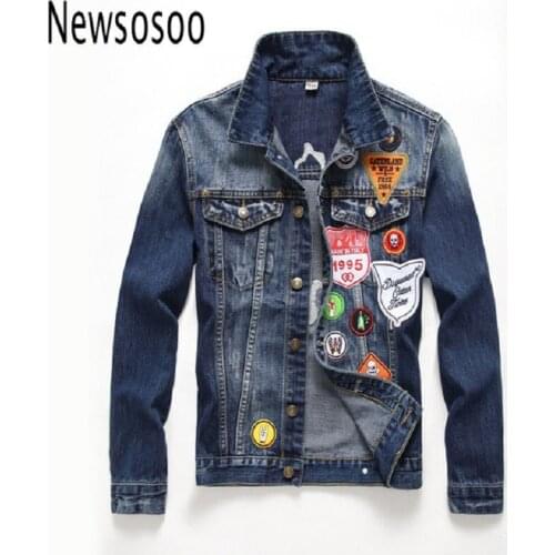 New European American Style Fashion Mens Badge Denim Jacket Famous Brand Luxury Loose Men Outerwear & Coats Blue Denim Jacket