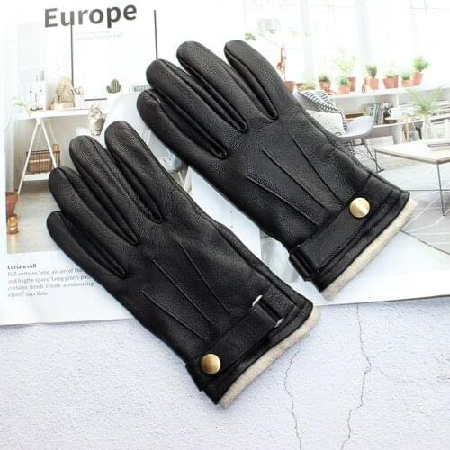 New deerskin gloves mens thin wool lining motorcycle driving outdoor motorcycle riding plus velvet warmth free shipping
