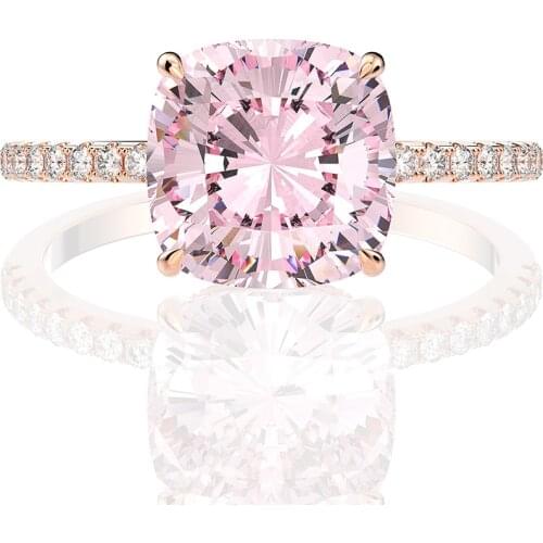 18K Rose Gold Color 10*10MM Women Fine Jewelry Rings Solid 925 Sterling Silver Natural Pink Quartz Diamond Wedding Gifts