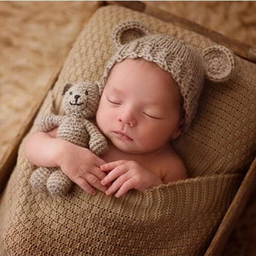 Cute Newborn Photography Prop Infant Baby Knitted Beanie Cap Cartoon Bear Doll Soft Hat Beanie Cap Infant Photo Accessories
