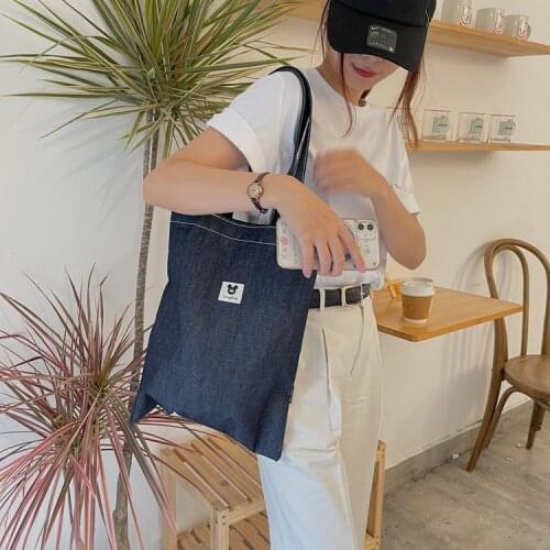 Retro Blue Denim Shoulder Tote Bag Korean Shopper Canvas Bag Large Reuseable Shopping Bag For Women Girl Students Books Handbag