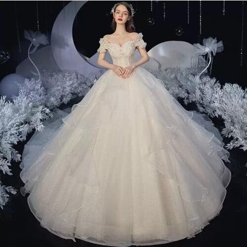 Wedding Dress Luxurious Appliques Boat Neck Sequins Short Sleeve Empire Plus Size Wedding Gowns For Women Vestidos De Novia G387