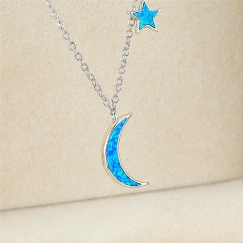 Vintage Silver Color Chain Necklace Simple Fashion Blue White Opal Wedding Necklace Cute Star Moon Pendant Necklaces For Women
