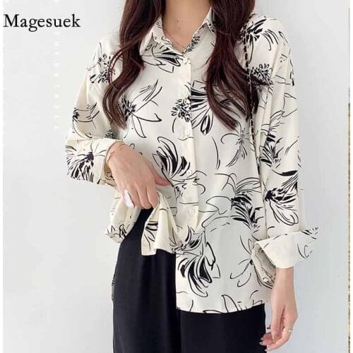 Korean Print Women Vintage Turn-down Collar Womans Blouse New Long Sleeve Chiffon Shirts Loose Womens Tops and Blouses 9195 50