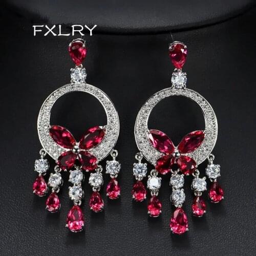 FXLRY Hight Quality Long Big CZ Stone Yellow Crystal Tassel Drop Earrings For Women Fashion Statement Wedding Party Jewelry