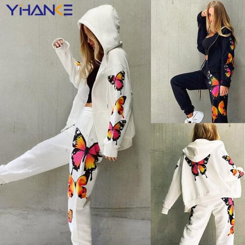 Autumn and Winter New Two-piece Butterfly Print Long-sleeved Zipper Casual Hoodie Suit Womens Sports Fashion Streetwear