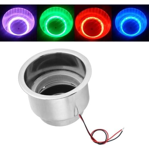 1 Pc Camper Boat 12V 15LED Light Cup Holder Insert with Drain Stainless Steel Polished Truck Marine RV Cup Drink Holder