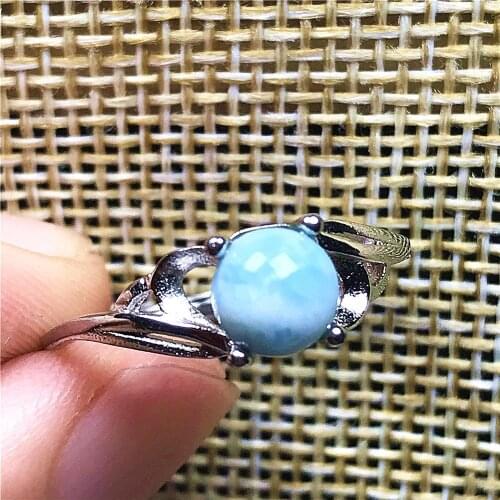 100% Natural Blue Larimar Ring Jewelry For Woman Lady Man Silver 6mm Beads Dominica Water Pattern Gemstone Adjustable Ring AAAAA