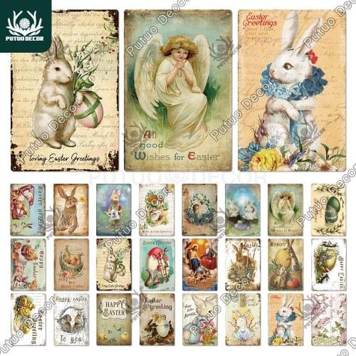 Putuo Decor Easter Vintage Metal Tin Sign Poster Easter Raabbit Egg Poster for Home Family Easter Egg Hunt Party Gift Wall Decor