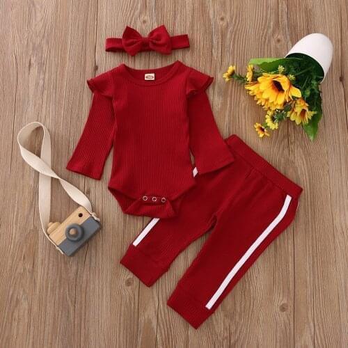 Baby Knitting Romper Jogger Pants Round Collar Long Sleeves Ruffle Crotch Buttons Headband 3-Piece Clothes