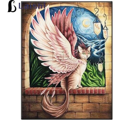 DIY 5D Square Diamond Embroidery Abstract cartoon cat with wings Handmade Round Inlaid Rhinestone Cross Stitch Landscape Home De