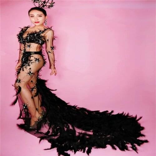 K12 Black feather long Trailing dress Rhinestone singer skirt perspective sexy outfit women bodysuit dj performance wears clothe