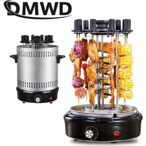 DMWD Automatic Barbecue Machine Electric Grill Small Household Smoke Free Family Flip Grill Electric Skewer 9 kebabs 1200W