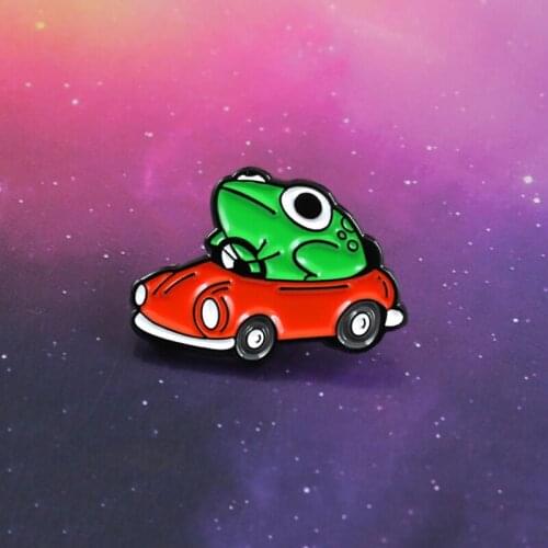 Frog Driving Red Gas Car Enamel Brooch Cartoon Animal Cute Badge Denim T-shirt Backpack Personality Pin Send Children Gifts
