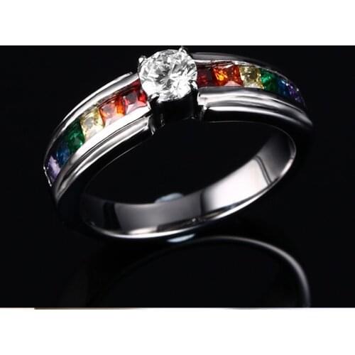 Classic Cubic Zirconia 316L Stainless Steel Womens Crystal Ring Rainbow Stone Baguette Band Engament Anel