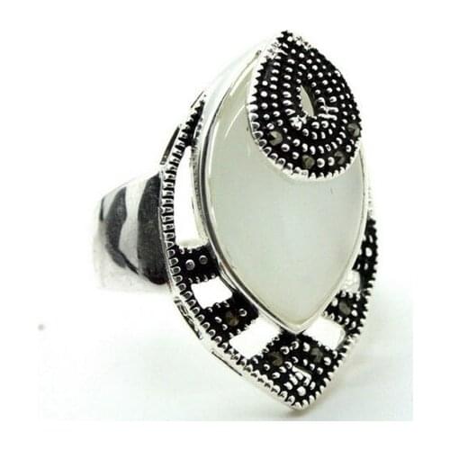 24*13mm NATURAL WHITE OPALS DROP 925 SILVER & MARCASITE RING SIZE 7/8/9/10