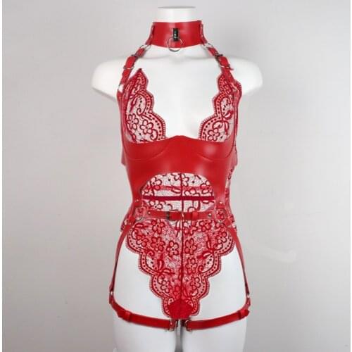 Harness Set PU Suspenders Women Red Leather Body Bondage Straps Pastel Goth Underwear Suit Fetish Garter Belt Gothic Lingerie