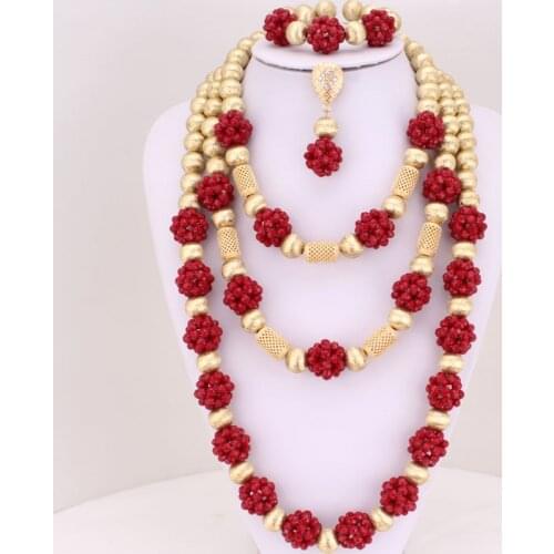 Dudo Store African jewelry Sets Dubai Gold Color Dark Red Nigerian Jewellery Set 3 Layers Costume