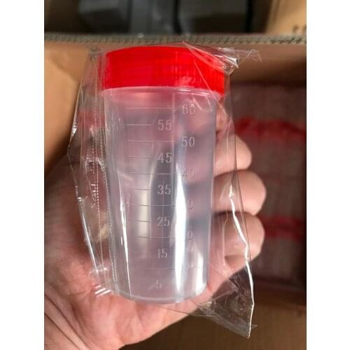 Urine Container Specimen Cup Sample Bottle 60ml Vol, Molded Graduation ml and oz PP EO Sterile Red Cap Pack 20