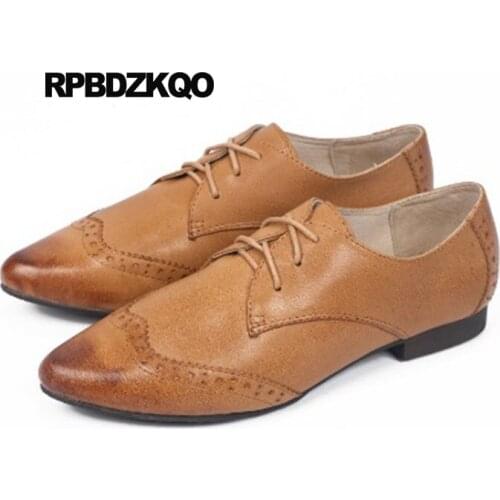 Brown Brogue Italian Pointed Toe British Style China Dress Plain Large Size 9 Lace Up Vintage Women Oxfords Shoes Flats Chinese