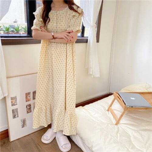 Summer Soft 100% Cotton Floral Print Nightgowns Women Homewear Dress Short Sleeve Long Robe Sleepwear Vintage Home Clothes