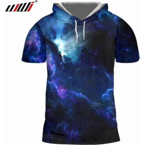 UJWI Summer Hooded T-shirt Mens 3D Print Blue Galaxy Space Cap Tshirts Hoodie Camisa Masculina Hombre Hip Hop Casual Tshirt 7XL
