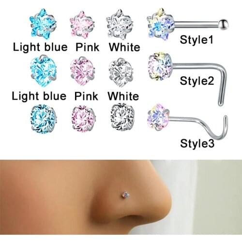 3pcs/lot Stainless Steel Nose Piercing Set Colorful crystal Nose Studs Retainer Pin L Shape 3MM Nostril Piercing Jewelry