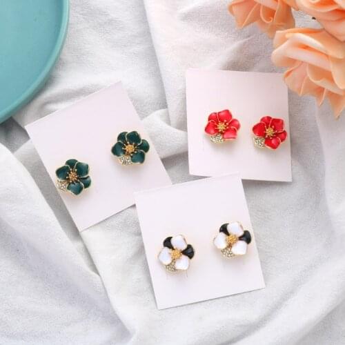 South Koreas New Fashion Cute Sweet Complex Camellia Earrings Three-Dimensional Small Red Flower Jem Ear Jewelry Female