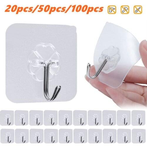 20/50/100Pcs Transparent Wall Hooks Waterproof Oilproof Self Adhesive Hooks Reusable Seamless Hanging Hook For Kitchen Bathroom