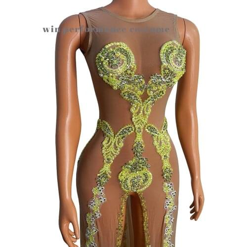 Split Skirt Skinny Wrap Hip Ball Fancy Rhinestones Sparkly Sexy Nude Big Stretch Dance Costume One-piece Birthday Outfit Party