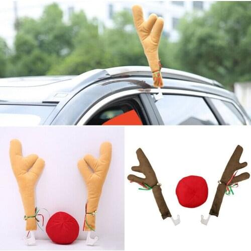 Car Ornaments Reindeer Christmas Decor Car Vehicle Nose Horn Costume Set Rudolf Reindeer Antlers Red Nose Ornaments Elk Antler