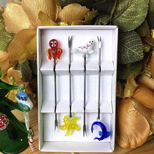 Sea style lovely tableware stainless steel fruit fork handmade murano glass Starfish/Seals/Dolphins/Octopus Figurines ornament