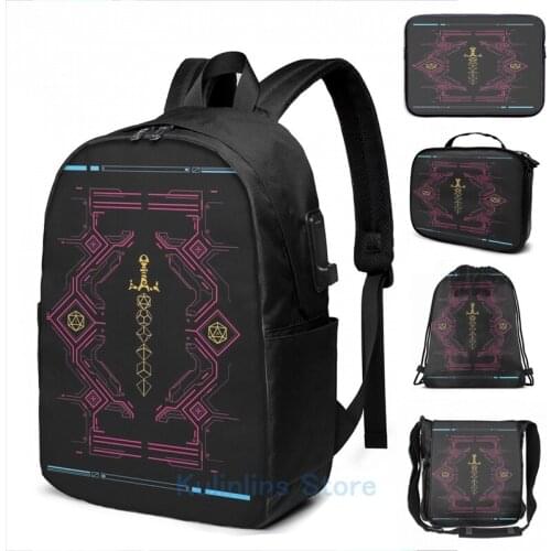 Funny Graphic print Polyhedral Dice Sword Synthwave Colors Neon USB Charge Backpack men School bags Women bag Travel laptop bag