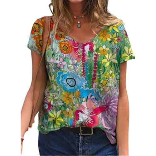 2021 Women 3D Abstract Plant Flowers T Shirt Summer Short Sleeve V-Neck Loose Tops Oversized Ladies Casual Street Tee Plus Size