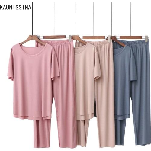 Women Loose Sleepwear Two Piece Pajama Set Short Sleeve Long Pants O-Neck Homewear Sets Female Summer Autumn Modal Loungewear
