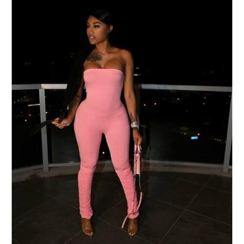 Elegant Streetwear Solid Overalls for Women Summer Sexy Off the Shoulder Stacked Pants Slim Body Jumpsuit Women Rompers Clothing